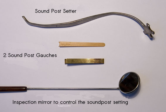 Violin making tools for sound post, mirror, sound post theory
